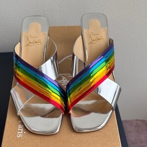 Christian Louboutin Silver Mules with Rainbow Straps